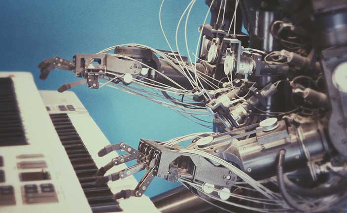 A robot playing the keyboard.