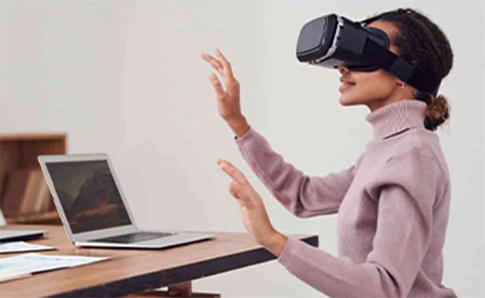 Woman using virtual reality goggles.