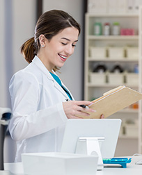 pharmacy technician reading chart in pharmacy.